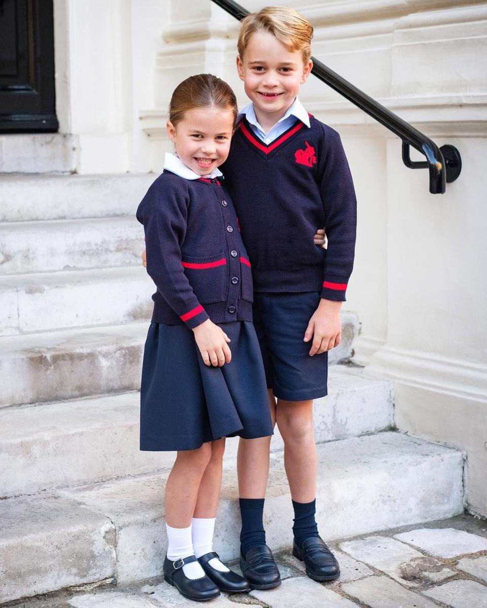 The Prince and Princess of Wales/Instagram. https://www.instagram.com/p/B2CKU6-lbb9/. Prince George and Princess Charlotte at the steps of Kensington palace on Princess Charlotte first day of school in 2019.