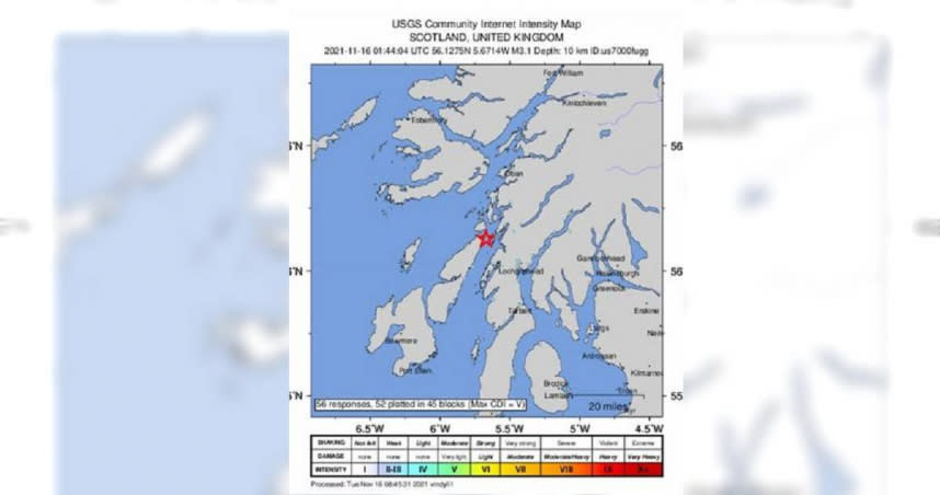 英國蘇格蘭地區於16日凌晨發生3.1級地震。（圖／翻攝自BGS）