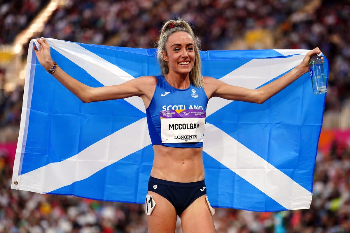 Eilish McColgan celebrates after winning Commonwealth gold (Mike Egerton/PA) (PA Wire)