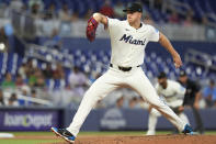Miami Marlins starting pitcher Trevor Rogers aims a pitch during the third inning of a baseball game against the San Francisco Giants, Wednesday, April 17, 2024, in Miami. (AP Photo/Marta Lavandier)