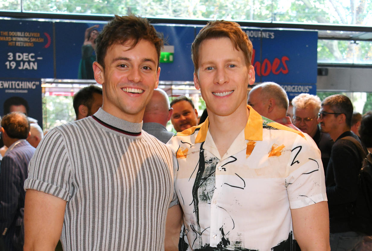 LONDON, ENGLAND - AUGUST 11:  Tom Daley (L) and Dustin Lance Black attend the press night performance of 