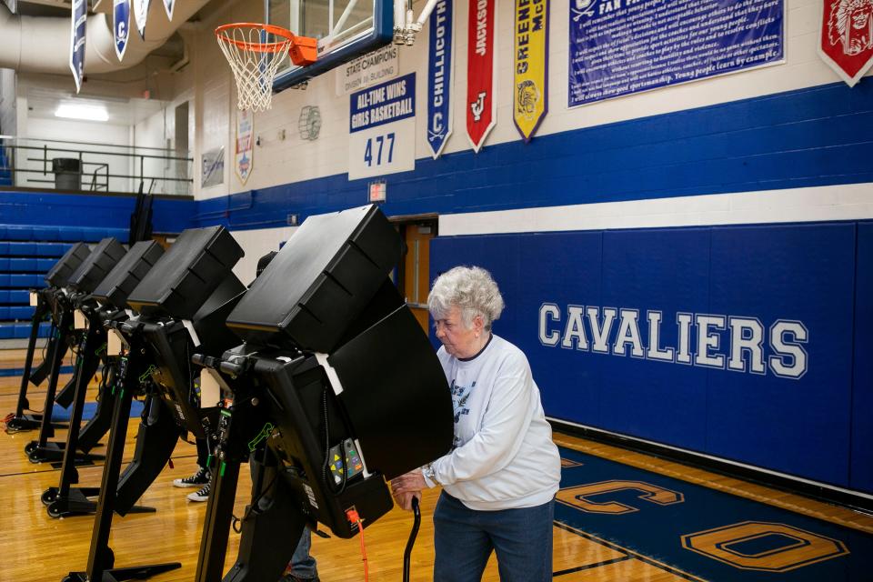 Sandra Gire, of Chillicothe, casts her vote inside of Chillicothe High School for the Ohio election on November 8, 2023, in Chillicothe, Ohio,