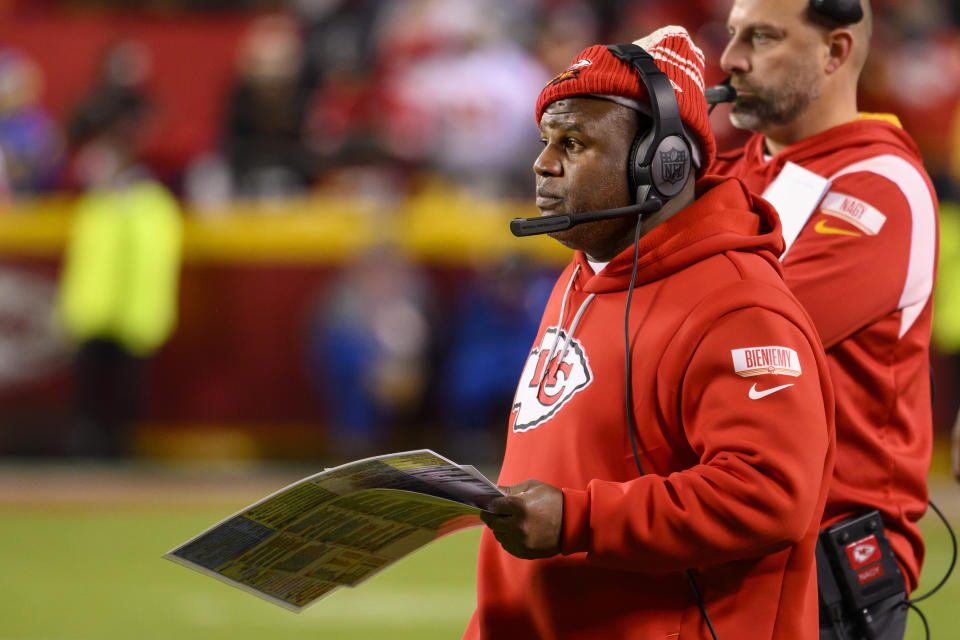 Kansas City Chiefs offensive coordinator Eric Bieniemy has guided one of the best offenses in the NFL the past five years, yet he continues to be passed up for head-coaching jobs. (AP Photo/Reed Hoffmann)