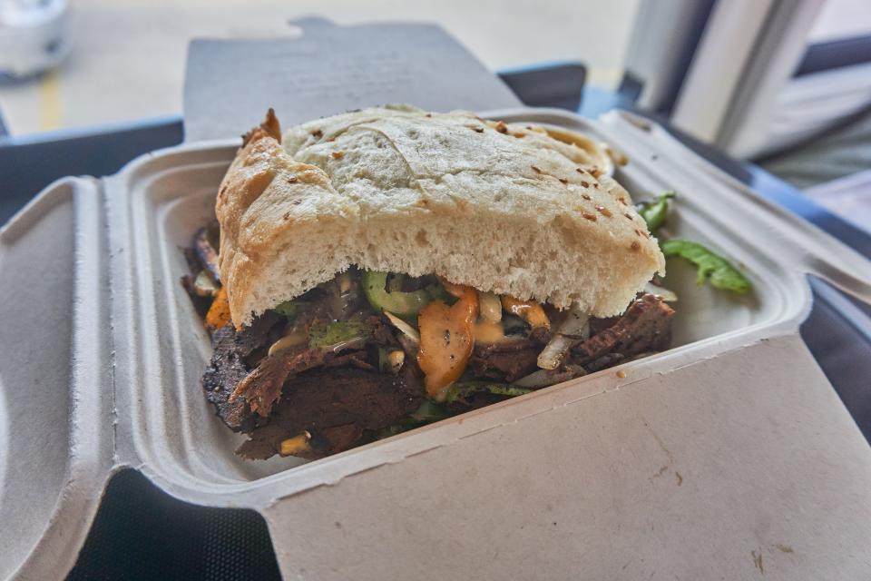 The Philly "cheesesteak" is just one of the delicious vegan options offered by the Veggie Thumper, a vegan food bus in Des Moines, Iowa.