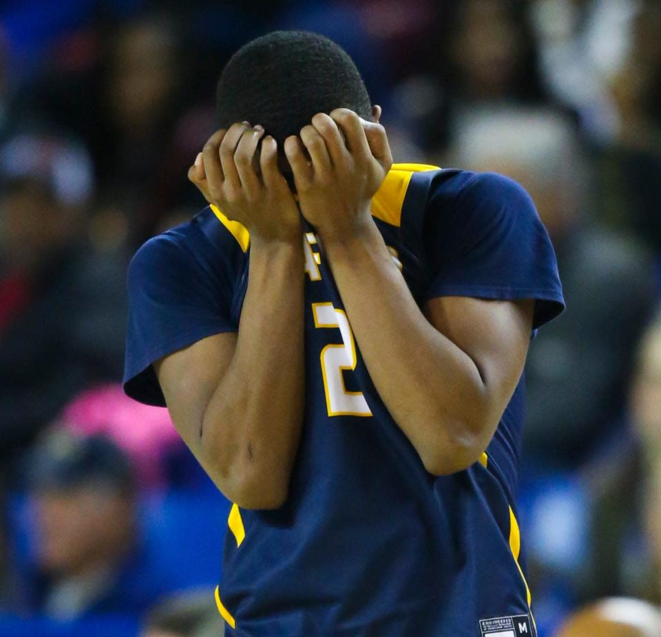 Seaford&#39;s Careen Boulden reacts after committing a foul in the second half of a DIAA state tournament semifinal at the Bob Carpenter Center Thursday, March 10, 2022.