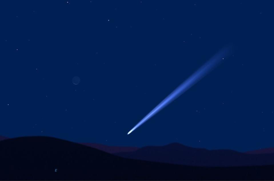 graphic illustration showing the comet in the night sky and a faint moon above.