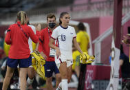 United States' Alex Morgan leaves the field during second half of a women's soccer match against Australia at the 2020 Summer Olympics, Tuesday, July 27, 2021, in Kashima, Japan. (AP Photo/Fernando Vergara)