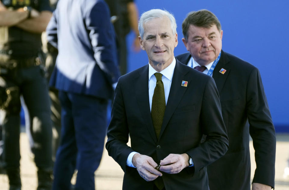 Norway's Prime Minister Jonas Gahr Store arrives for the NATO summit in Madrid, Spain on Wednesday, June 29, 2022. North Atlantic Treaty Organization heads of state will meet for a NATO summit in Madrid from Tuesday through Thursday. (AP Photo/Paul White)