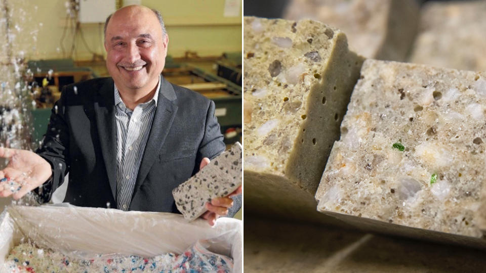 Dr Riyadh Al-Ameri, an engineer from Deakin University with the concrete made out of recycled plastic (left) and the Polymer concrete made with glass. Source: Supplied - Dr Riyadh Al-Ameri.