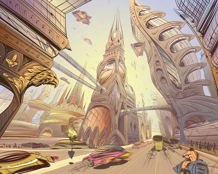 <span class="caption">Futures are built out of our collective imaginaries.</span> <span class="attribution"><a class="link " href="https://www.shutterstock.com/image-vector/fantastic-city-future-concept-art-illustration-553727335?src=oHQEQEF7iRccGKJ88N257Q-1-86" rel="nofollow noopener" target="_blank" data-ylk="slk:RomanYa/Shutterstock.com;elm:context_link;itc:0;sec:content-canvas">RomanYa/Shutterstock.com</a></span>