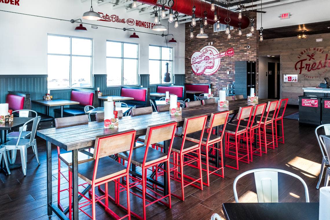 Slim Chicken restaurants have tables and booths as well as communal tables. The chain is a leader in fast-casual “better chicken” with fresh fried tenders and wings and more.
