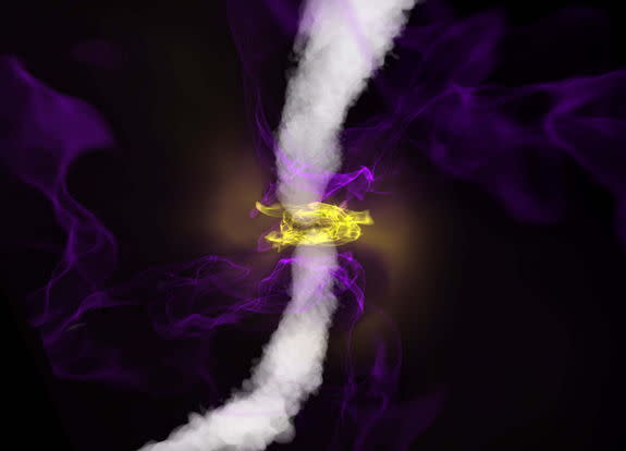 In this still from a magneto-spin effect simulation of black holes, a spinning black hole (at center) produces a powerful jet (white smoke) along its spin axis. The jet affects the orientation of the surrounding accretion disk (infalling hot pl