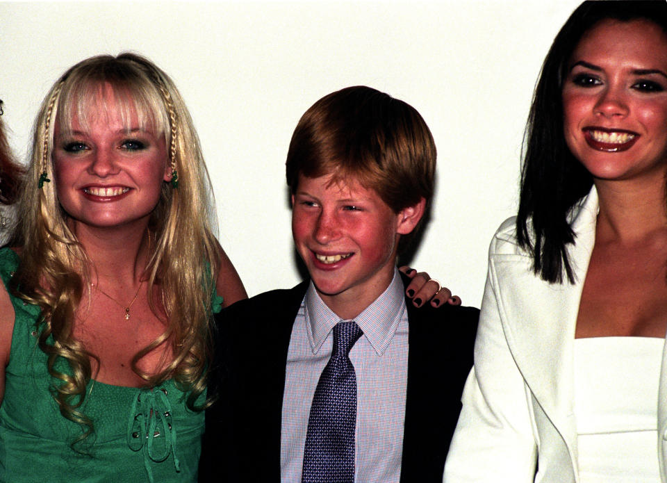 Prince Harry with Emma Bunton and Victoria Beckham.&nbsp;