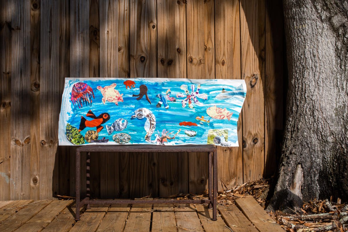 An underwater mural is on display outside in a backyard. 