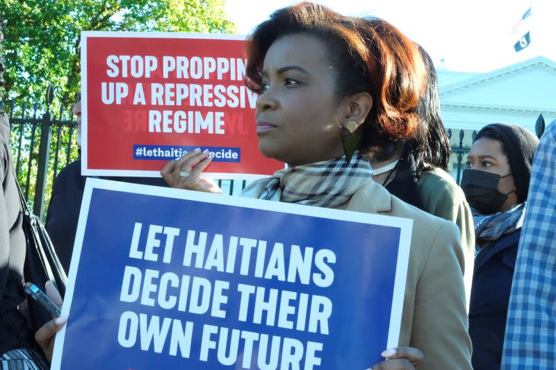 Rally outside the White House asking the Biden administration to stop supporting Haiti's Prime Minister Ariel Henry, in Washington