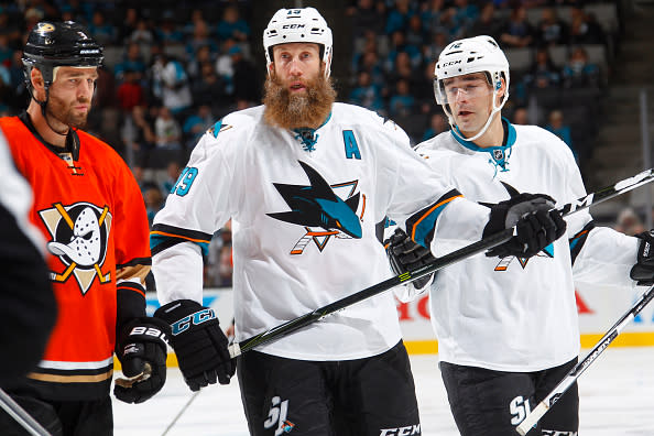 SAN JOSE, CA - OCTOBER 25: Joe Thornton #19 and Patrick Marleau #12 of the San Jose Sharks look on during the game against the Anaheim Ducks at SAP Center on October 25, 2016 in San Jose, California. (Photo by Rocky W. Widner/NHL/Getty Images) *** Local Caption *** Joe Thornton; Patrick Marleau