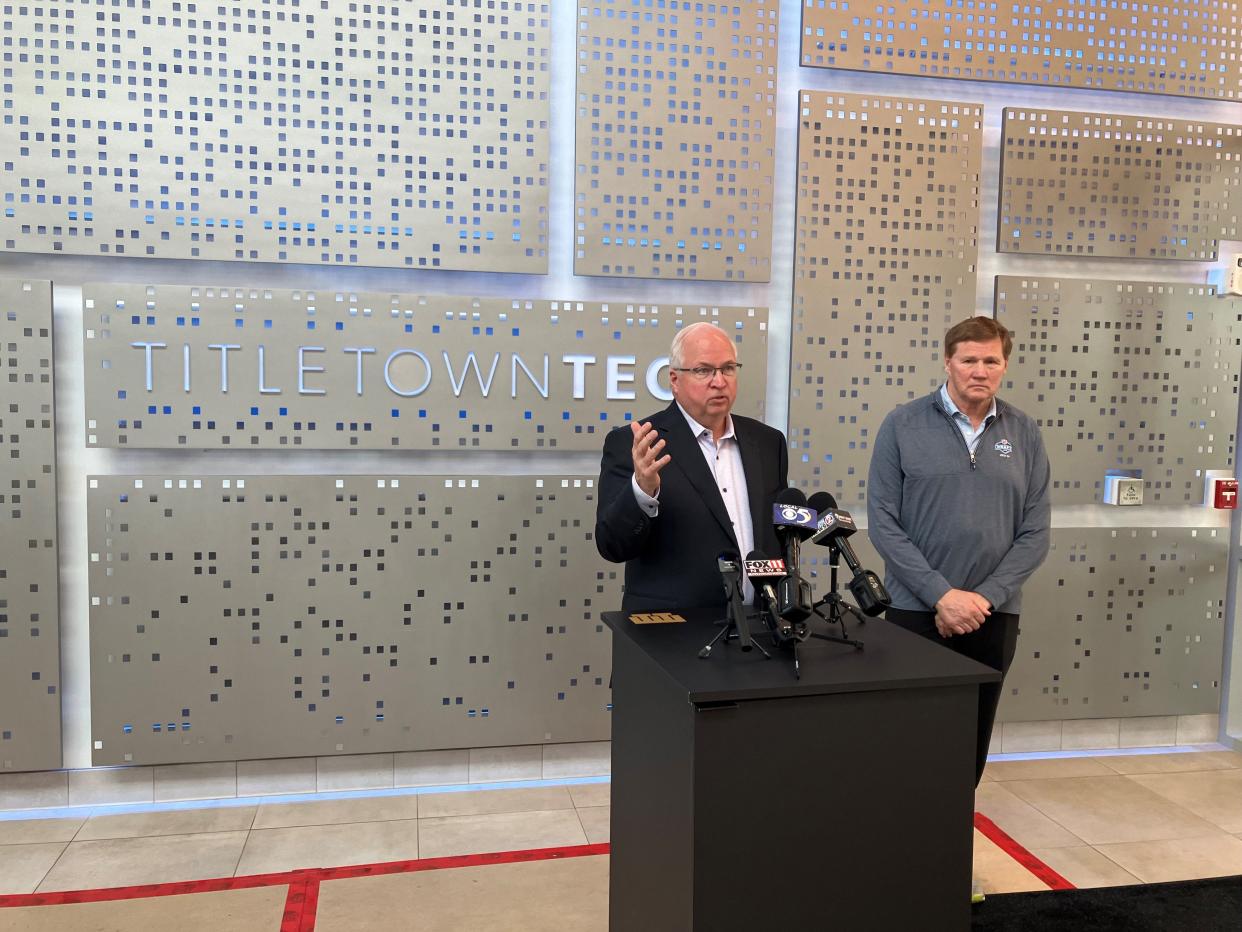 Craig Dickman, TitletownTech managing partner, and Mark Murphy, CEO of the Green Bay Packers, on May 9 talk about a new AI Co-Innovation Lab the Packers and Microsoft will open on the UW-Milwaukee campus.
