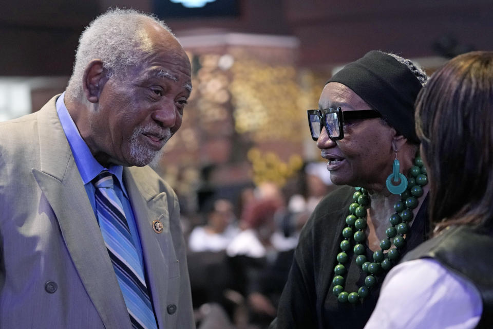 Congressman Danny Davis, left, talks with church members at Fellowship Baptist church in Chicago, Sunday, March 3, 2024. (AP Photo/Nam Y. Huh)