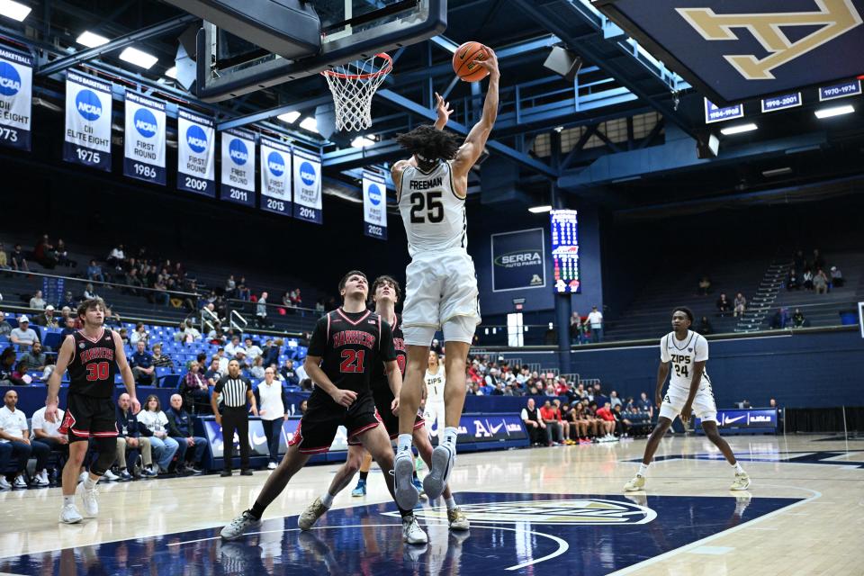 Akron Zips forward Enrique Freeman makes a layup against Miami-Hamilton, Dec. 17, 2023.