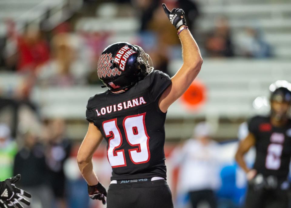 UL receiver Peter LeBlanc celebrates after scoring a touchdown off a fourth-down pass catch in a Nov. win over Georgia State at Cajun Field.