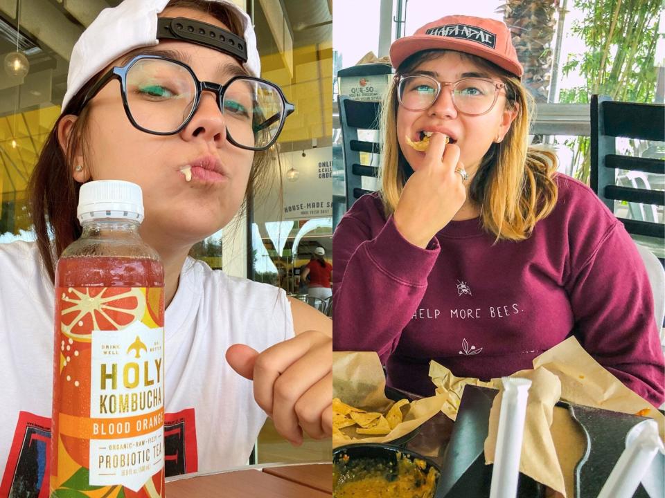 Left: Author with kombucha Right: Author eating chips and queso