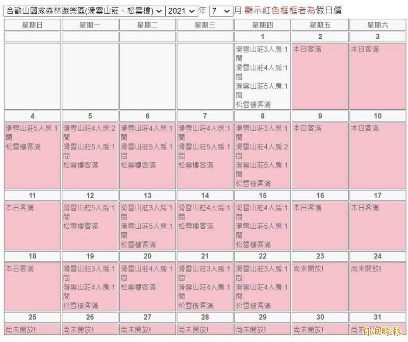 合歡山松雪樓7月訂房客滿。   圖：翻攝自林務局東勢林管處訂房系統