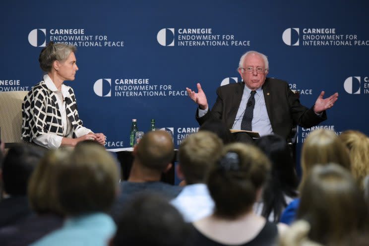 Senator Bernie Sanders, I-VT, speaks during a discussion with Sarah Chayes, senior fellow at CEIP's Democracy and Rule of Law Program on threats to democracy at The Carnegie Endowment for International Peace on June 22, 2017 in Washington, D.C. (Photo: Mandel NganAFP/Getty Images)