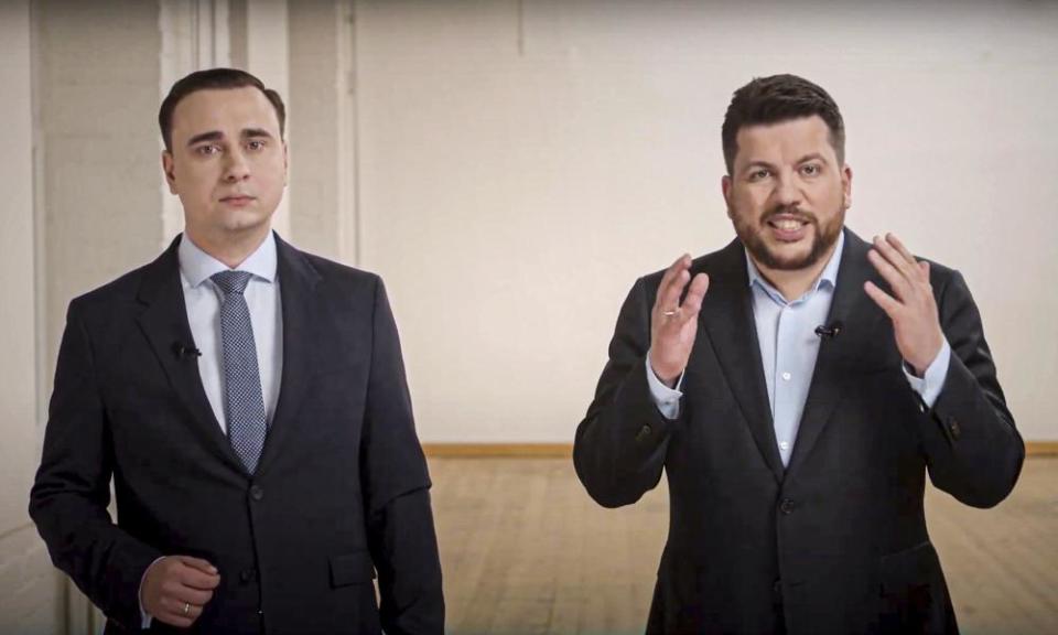 In this image taken from a video released by Alexei Navalny’s YouTube Channel on Sunday, Leonid Volkov (right), a top strategist for Navalny, and his colleague Ivan Zhdanov call for massive protests in the heart of Moscow and St Petersburg as Navalny’s health is reportedly deteriorating.