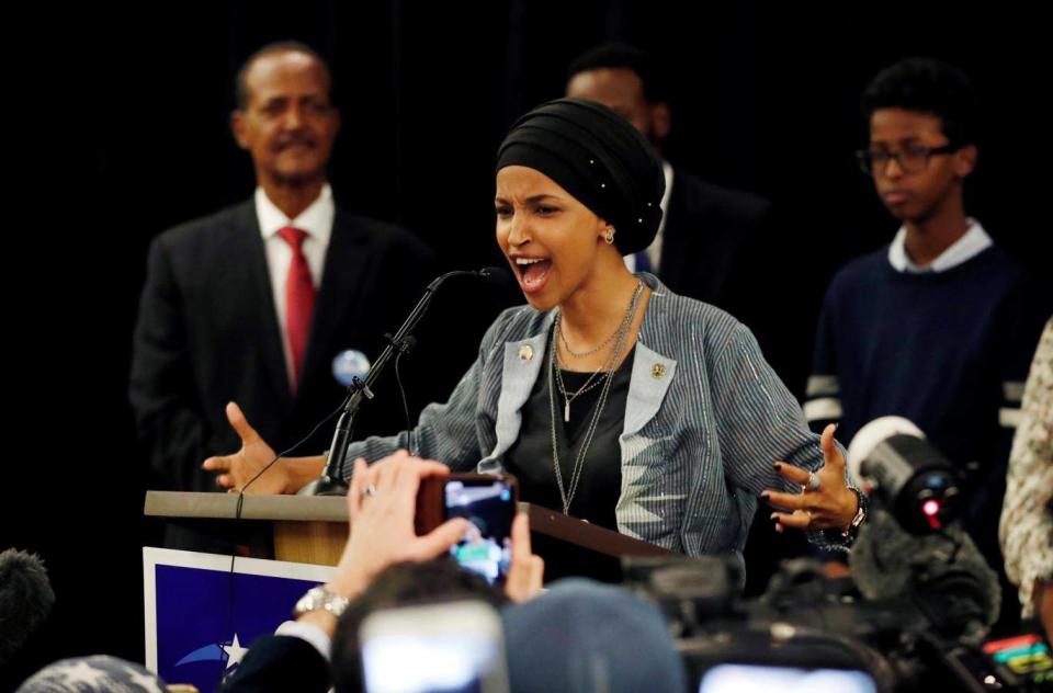 Ilhan Omar speaks at her midterm election night party in Minneapolis, Minnesota (Reuters)