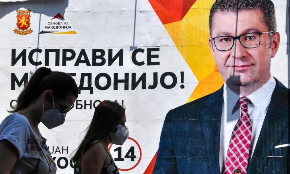 An electoral billboard in Skopje promotes Hristijan Mickoski, leader of the conservative populist VMRO-DPMNE party .