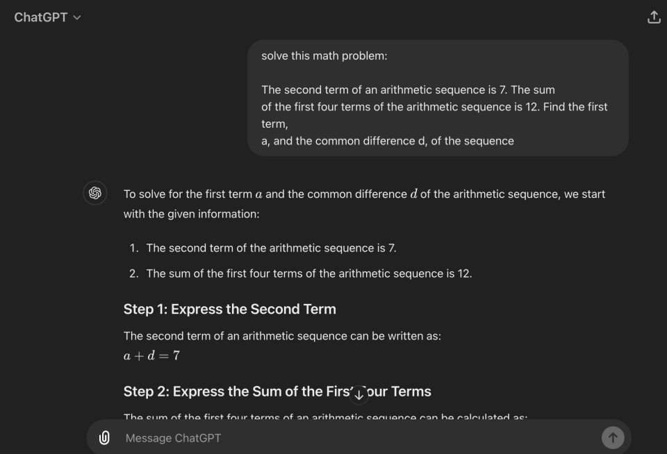 ChatGPT solving an arithmetic sequence problem. <strong>Image Credits: TechCrunch</strong>