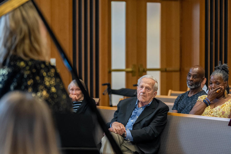 Frank Grunwald listens to Lyndsay Moy perform “Into Eternity” Sunday, June 4, 2023, during Into Eternity A Concert of Art Song at the Indianapolis Hebrew Congregation in Indianapolis.