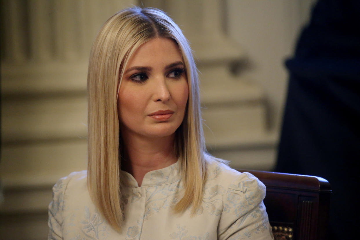 White House senior advisor Ivanka Trump participates in the "Pledge to America's Workers - One year Celebration" event with her father, U.S. President Donald Trump and others in the State Dining Room of the White House in Washington, U.S., July 25, 2019. REUTERS/Leah Millis