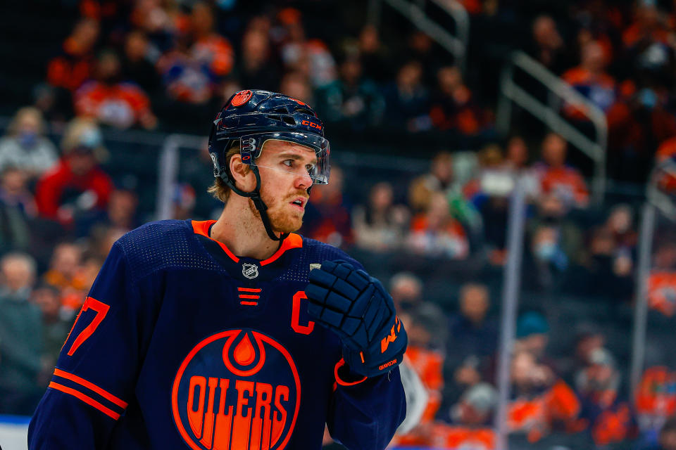 EDMONTON, AB - FEBRUARY 17:  Edmonton Oilers Center Connor McDavid (97) looks for a line change in the first period during the Edmonton Oilers game versus the Anaheim Ducks on February 17, 2022 at Rogers Place in Edmonton, AB. (Photo by Curtis Comeau/Icon Sportswire via Getty Images)