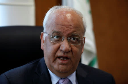 Chief Palestinian negotiator Saeb Erekat speaks during an interview with Reuters, in Ramallah in the occupied West Bank September 10, 2018. REUTERS/Mohamad Torokman