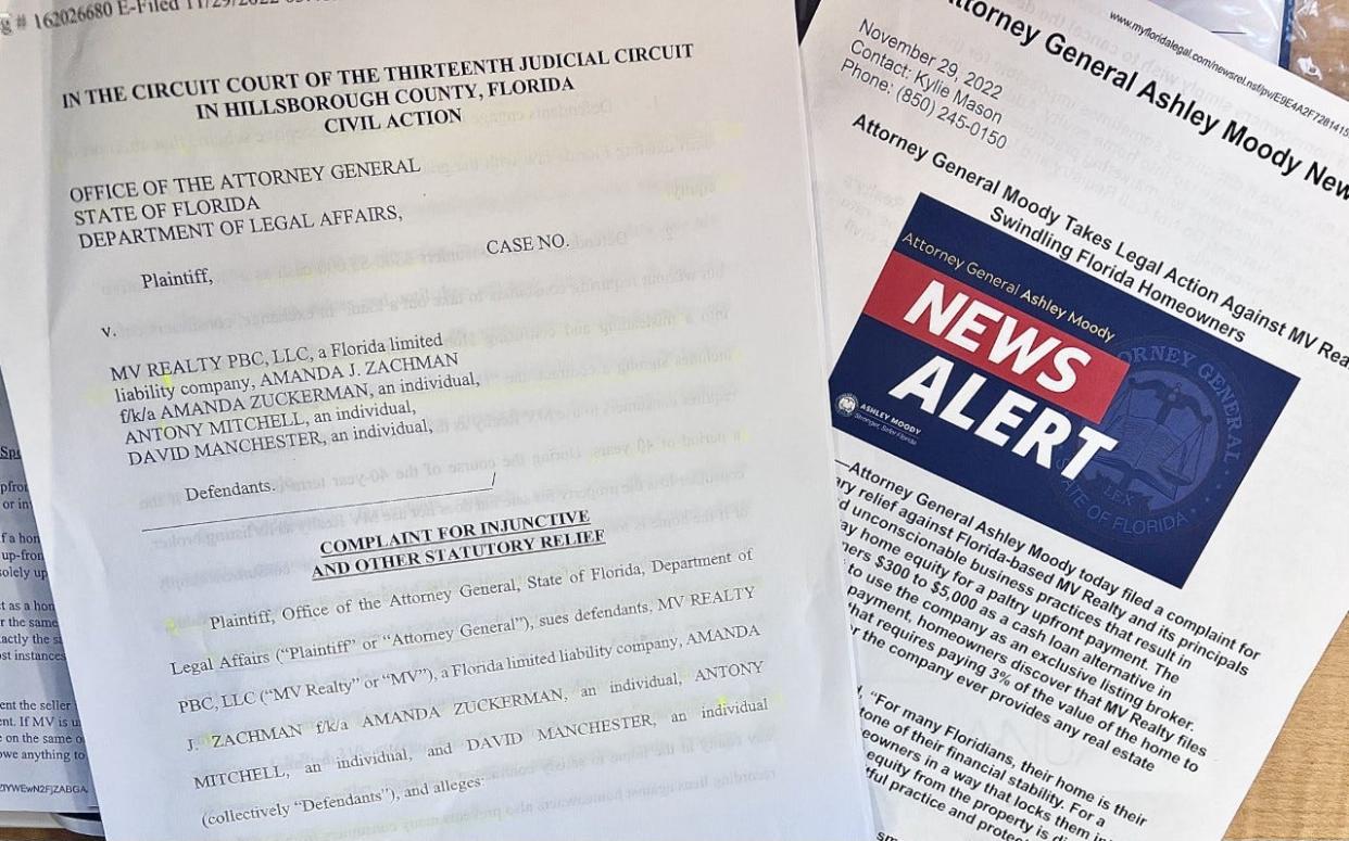 A copy of the complaint filed against MV Realty PBC, LLC by Florida Attorney General Ashley Moody on Nov. 29, 2022.