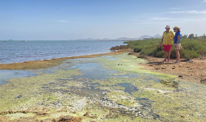 Activists Marta (r) and Isabel on the banks of the Mar Menor, Europe's largest saltwater lagoon. The waters are dying, and environmentalists blame the mass cultivation of cheap vegetables. Emilio Rappold/dpa