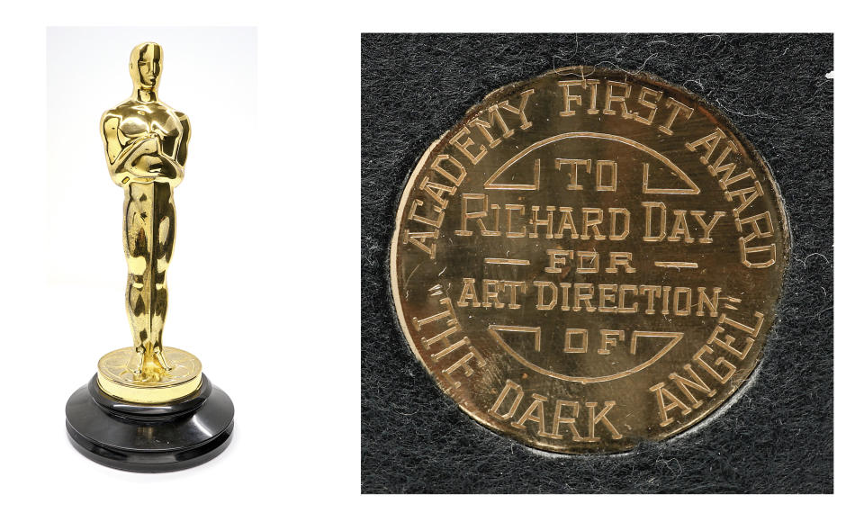 This combination of photos released by Grant Zahajko Auctions shows a 1936 Academy Award, left, and a view of its inscription given to art director Richard Day for his work on the film “Dark Angel.” It’s expected to go for between $70,000 and $100,000. (Grant Zahajko Auctions via AP)