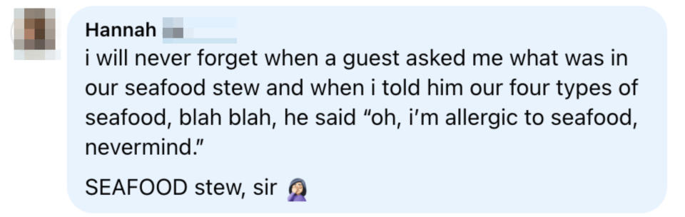 A screenshot of a message recounting a story about a guest's reaction to seafood stew ingredients