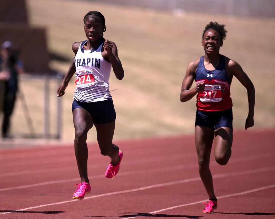 Chapin's Morgan Little competes in the 100 meter dash during the Region I-5A track and field meet, Saturday, April 29, 2023, at Lowrey Field.