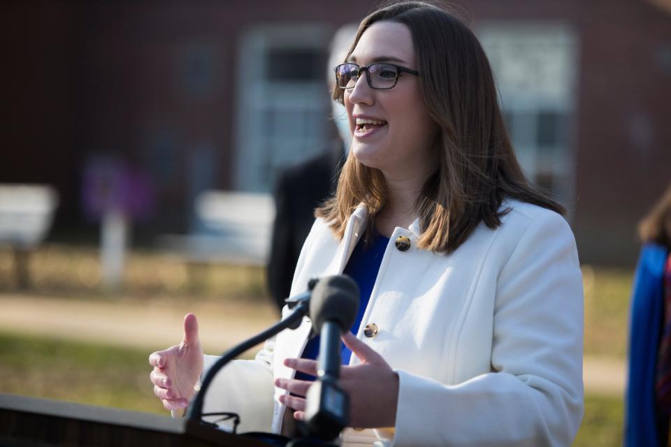 Newly elected state Sen. Sarah McBride speaks after being sworn into office during a virtual ceremony in front of friends and family at the Claymont Community Center on Tuesday, Jan. 12, 2021.