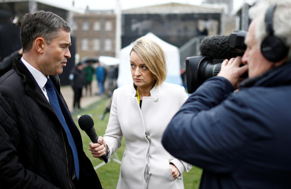 Britain's Secretary of State for Justice David Gauke talks to Laura Kuenssberg of BBC, after Parliament rejected Prime Minister Theresa May's Brexit deal, in London, Britain, January 16, 2019. REUTERS/Henry Nicholls