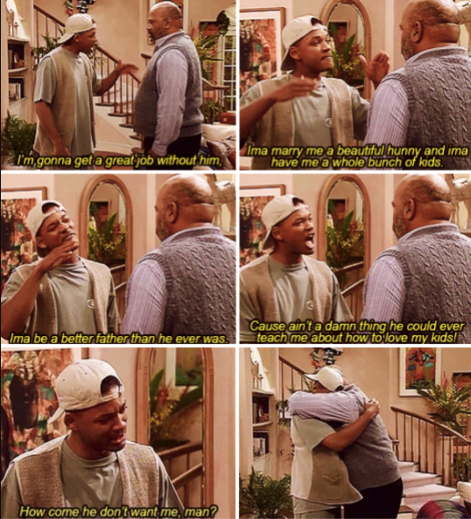 Will upset that his birth father doesn't want to have a relationship with him and ultimately cries in Uncle Phil's arms