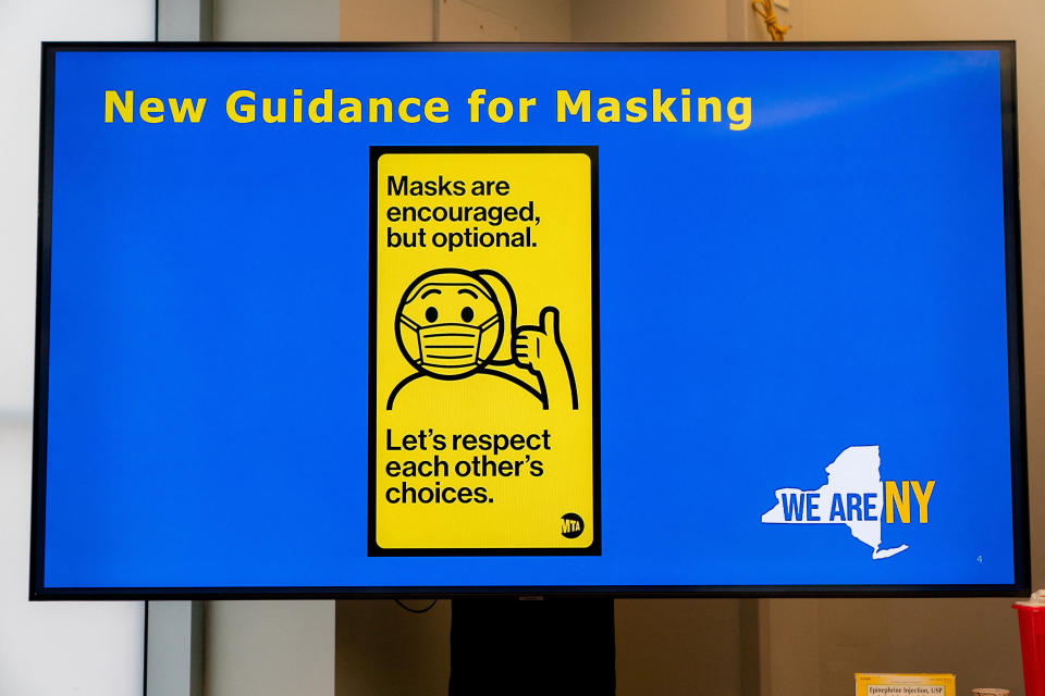 Updated MTA / public transportation signs are unveiled informing the general public that masks are optional during a press conference held by New York Governor Kathy Hochul updating on the state's coronavirus endemic in New York, U.S., September 7, 2022. REUTERS/David 'Dee' Delgado