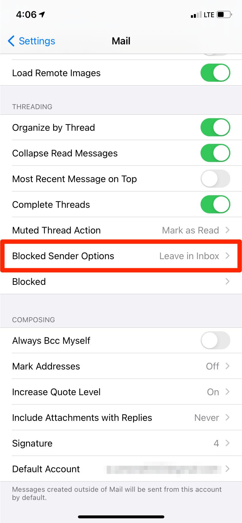 iphone mail settings blocked sender options