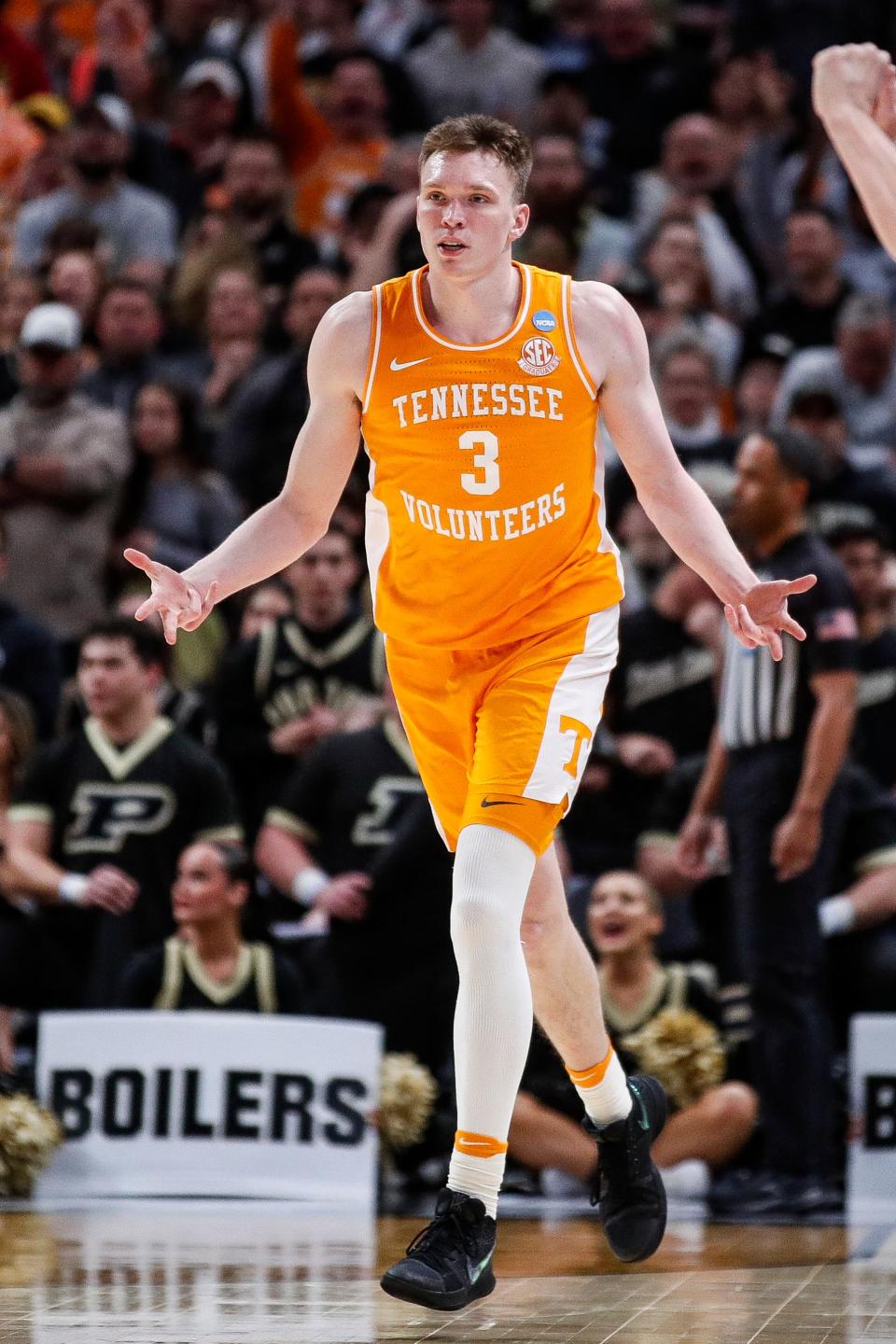 Tennessee guard Dalton Knecht (3) celebrates a three point basket against Purdue during the first half of the NCAA tournament Midwest Regional Elite 8 round at Little Caesars Arena in Detroit on Sunday, March 31, 2024.