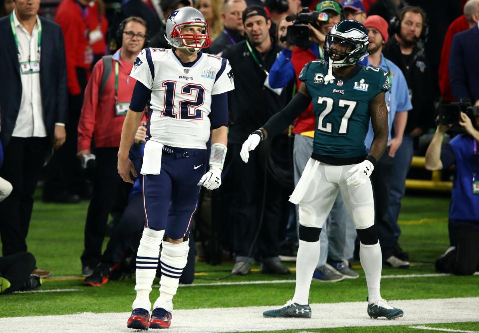 Tom Brady #12 of the New England Patriots and Malcolm Jenkins #27 of the Philadelphia Eagles react during the second quarter in Super Bowl LII at U.S. Bank Stadium on Feb. 4, 2018 in Minneapolis, Minnesota.