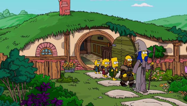 March führt die Truppe als Zauberer Gandalf an, Homer spielt einen Zwerg, und die Kinder treten als Hobbits auf. (Bild: Fox)