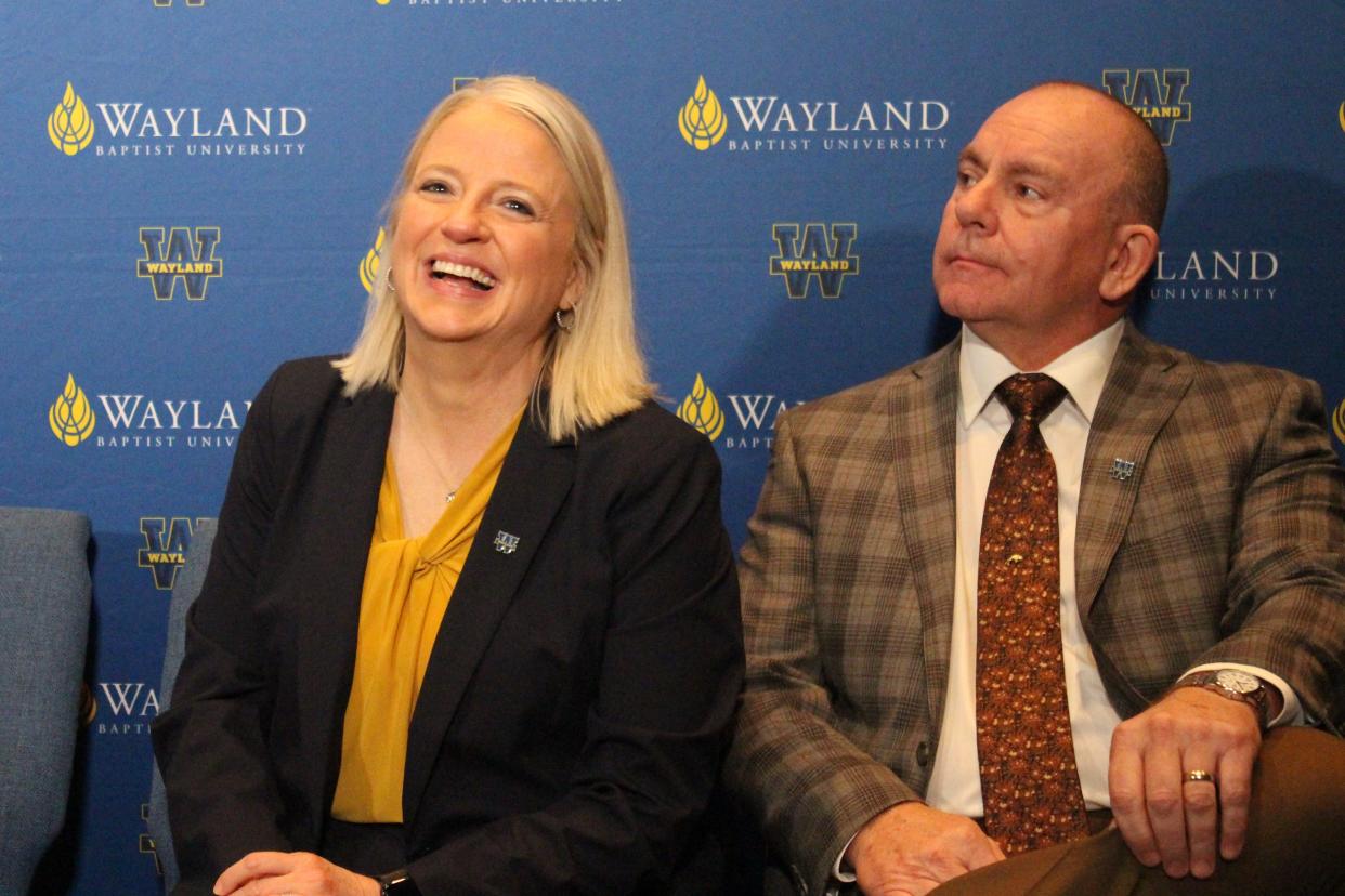 Donna Hedgepath and husband Pete Hedgepath are introduced as the new president and first gentleman of Wayland Baptist University Friday in Plainview.