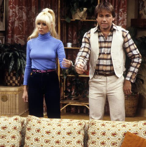 <p>ABC Photo Archives/Disney General Entertainment Content via Getty </p> Suzanne Somers and John Ritter in a 1980 episode of 'Three's Company'